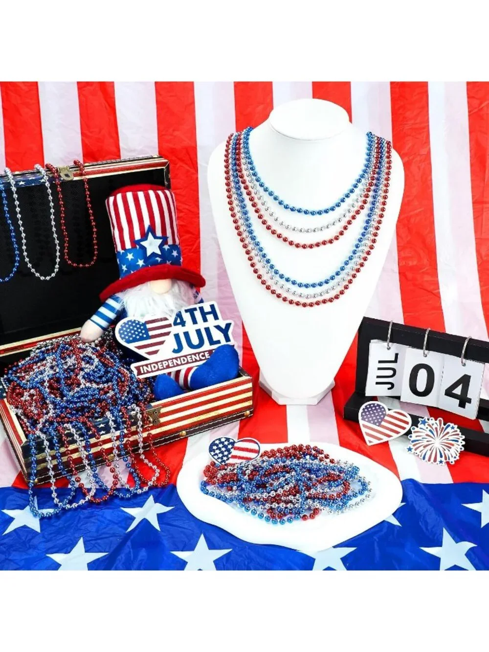 100PCS Patriotic Red White Blue Bead Necklaces 33